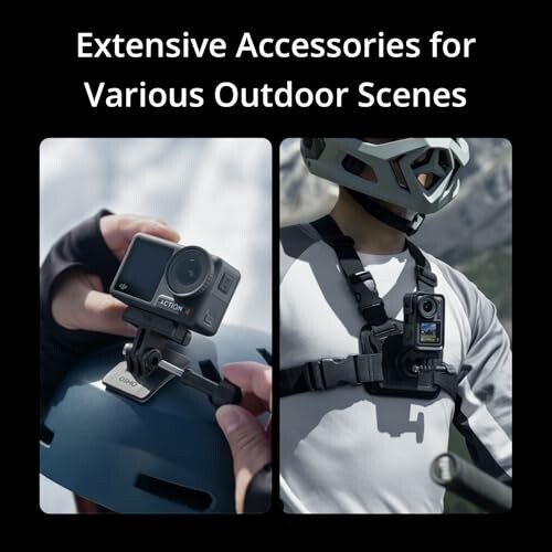 Action camera mounted on helmet and chest harness for outdoor use.