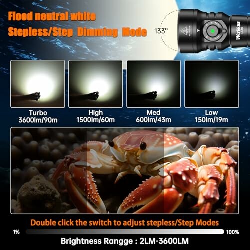 Flashlight dimming modes and brightness range with crab background.