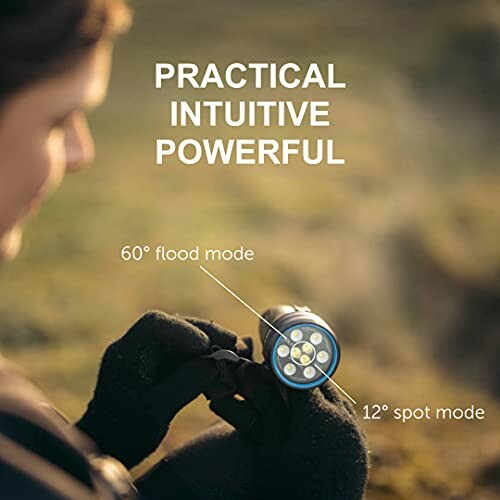 Person holding a flashlight with labeled 60-degree flood mode and 12-degree spot mode.