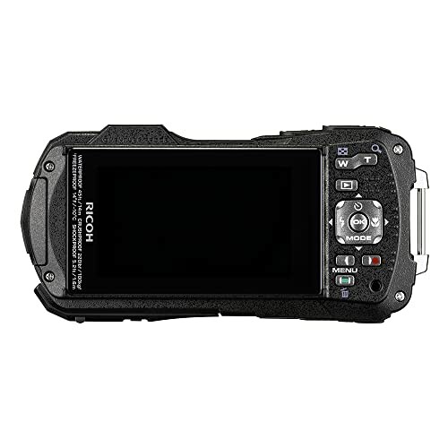 Back view of a rugged digital camera with screen and control buttons.