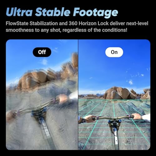 Comparison of off and on stabilization in footage of biking on rocky terrain.