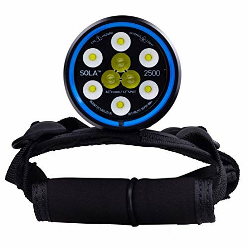 Underwater diving light with adjustable strap and multiple LEDs.