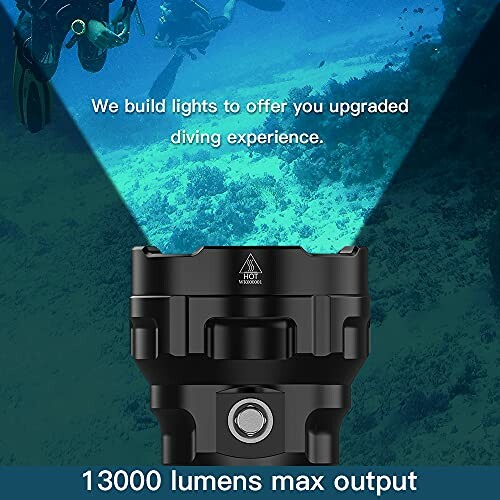 Diving light with 13000 lumens max output for enhanced underwater experience.