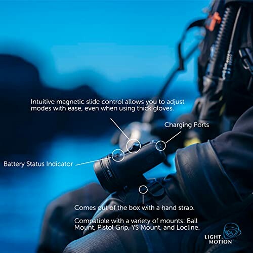 Underwater lighting device with features labeled.