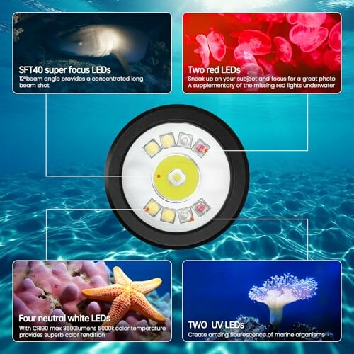 Underwater light featuring various LED types for photography.